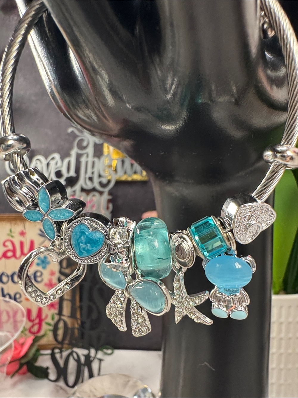 Silver Charm Bracelet with Turquoise and Aqua Charms